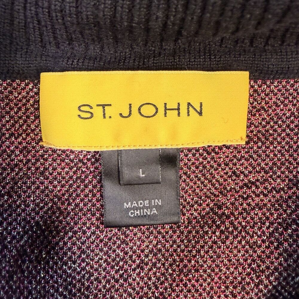St. John Black Pink Gold Metallic Floral Print Wool Blend Cardigan Sweater Large - Picture 4 of 13
